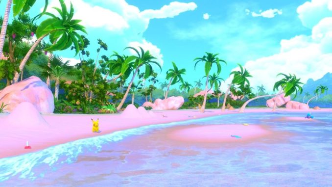 appli-pokemon-snap Un Pikachu sauvage apparaît sur une paisible plage du jeu "New Pokémon Snap"
