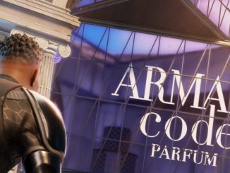 Un avatar du jeu Fortnite posté devant le bâtiment Armani de l’expérience Rewrite The Code.