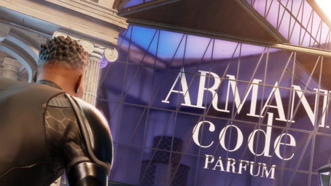 Un avatar du jeu Fortnite posté devant le bâtiment Armani de l’expérience Rewrite The Code.