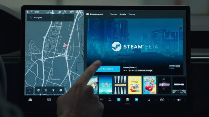jeux-video-sur-tesla-service-steam Le tableau de bord du système d’infodivertissement d’une Tesla avec à l’affiche l’interface Steam Beta.