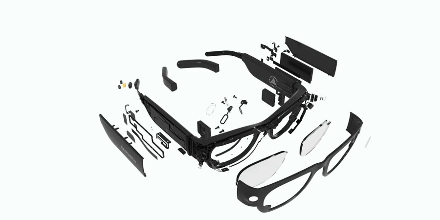 Des lunettes connectées sous un angle de vue ultra décortiqué et exposant ses divers composants