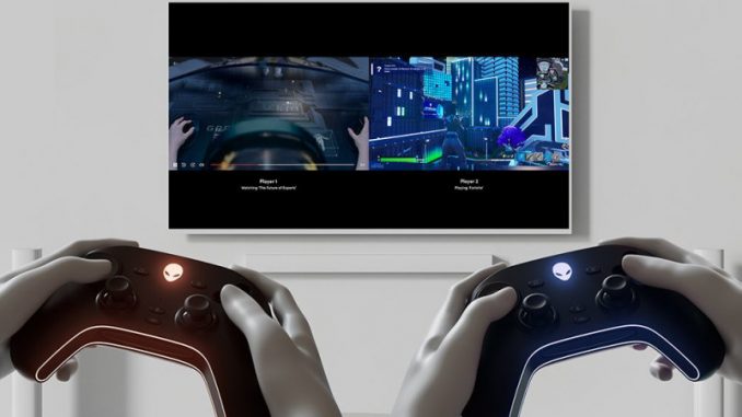nyx-alienware-manette-jeu-video-connectee Deux manettes Nyx partageant le même écran, mais connectées à deux titres gaming bien distincts.