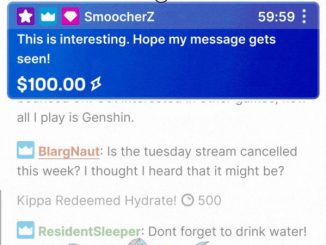 La fenêtre tchat d’un stream de Twitch où il y a un commentaire épinglé permettant de gagner de l’argent via Hype Chat.