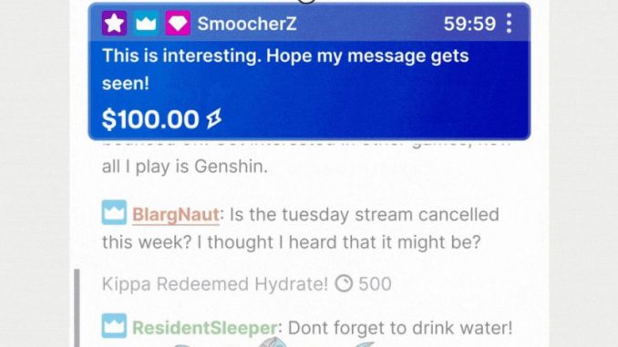 hype-chat-gagner-de-l-argent-twitch-commentaires-epingles La fenêtre tchat d’un stream de Twitch où il y a un commentaire épinglé permettant de gagner de l’argent via Hype Chat.