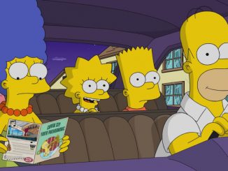 Homer et Marge Simpson avec leurs trois enfants, en route pour le récital du Youth Philarmonic.