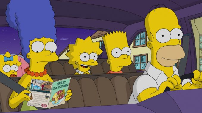 homer-et-marge-simpson-serie-animee-reference-couple-celibataires Homer et Marge Simpson avec leurs trois enfants, en route pour le récital du Youth Philarmonic.