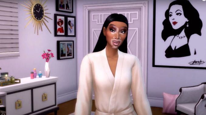 diversite-dans-les-jeux-video-sims-4-personnages-vitiligo Le personnage de la mannequin Winnie Harlow dans Les Sims 4, représentant la diversité dans les jeux vidéo.