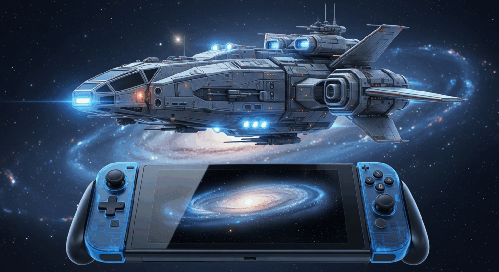 Illustration d’un vaisseau spatial inspiré de Starfield flottant devant la Nintendo Switch 2
