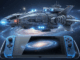 Illustration d’un vaisseau spatial inspiré de Starfield flottant devant la Nintendo Switch 2