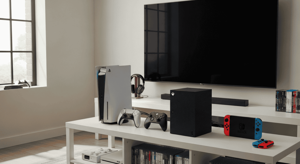 PlayStation, Xbox et Nintendo alignées sur un meuble TV