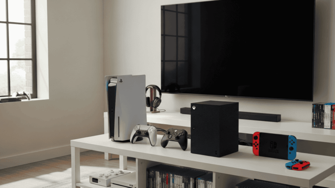 PlayStation, Xbox et Nintendo alignées sur un meuble TV
