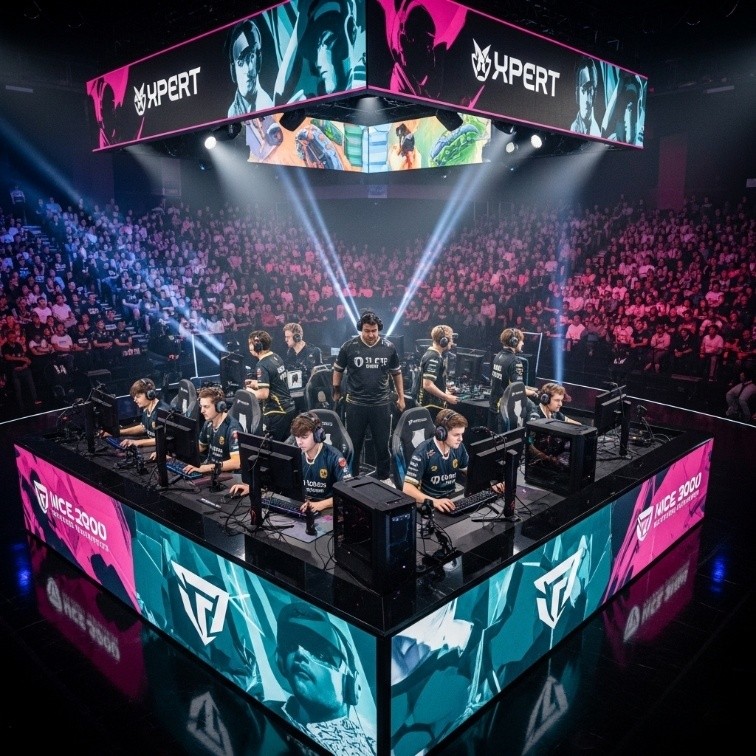 Compétition esport 2025 avec professionnels gaming sur scène devant public massif