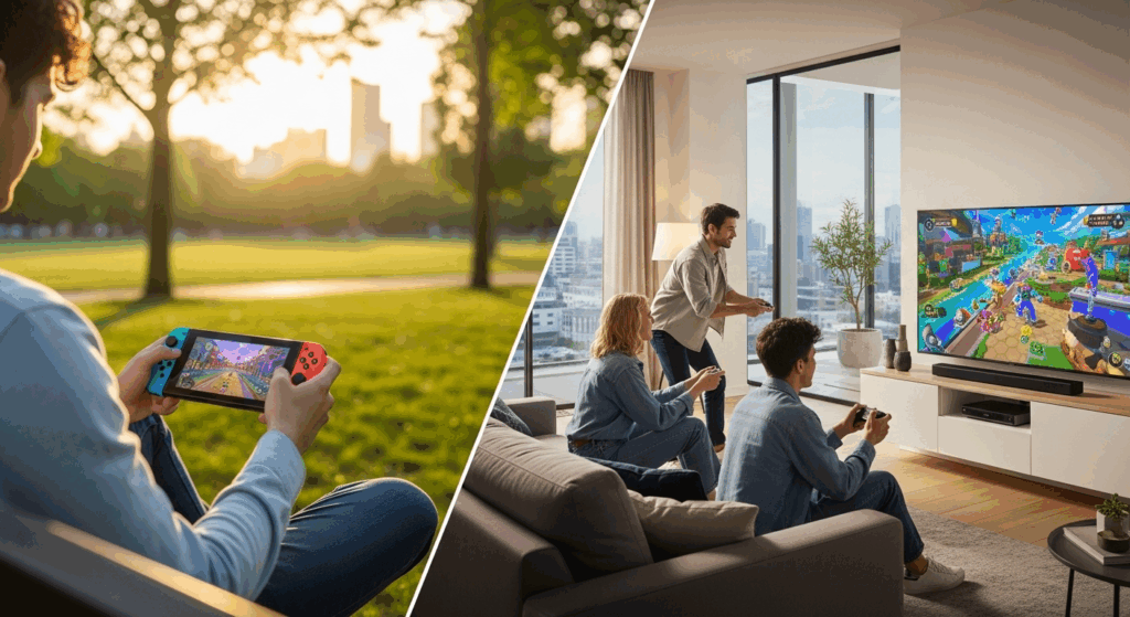 Deux groupes jouant sur Nintendo Switch 2 et PlayStation 2