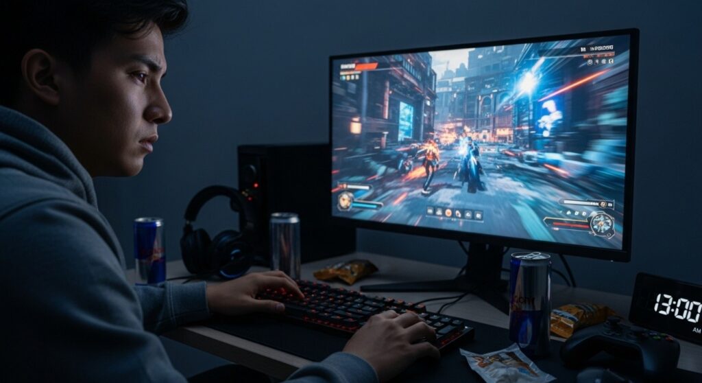 Un gamer lutte contre la fatigue oculaire
