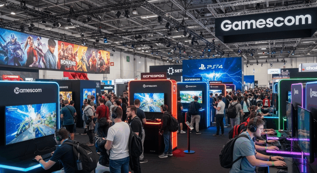 Hall de la Gamescom avec visiteurs découvrant les dernières nouveautés ludiques