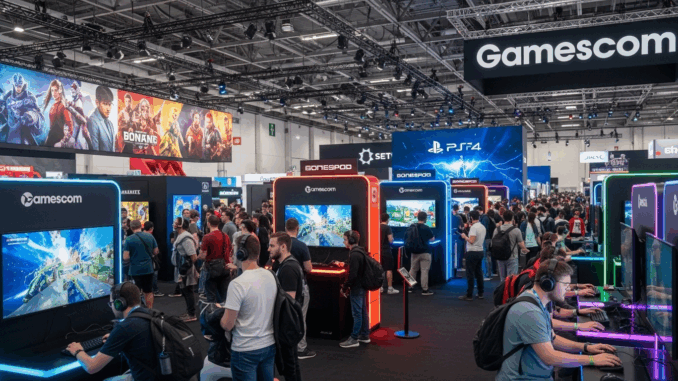 Hall de la Gamescom avec visiteurs découvrant les dernières nouveautés ludiques