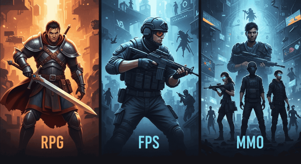 Illustration representant les genres RPG, FPS et MMO