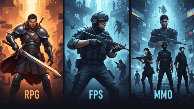 Illustration representant les genres RPG, FPS et MMO