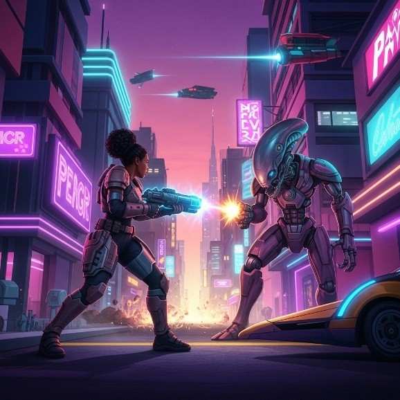 Illustration d'un combat cyberpunk entre humaine et robot dans une rue aux néons colorés