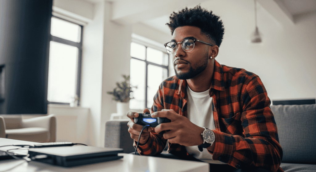 Jeune adulte de la génération Z jouant à un jeu vidéo sur console