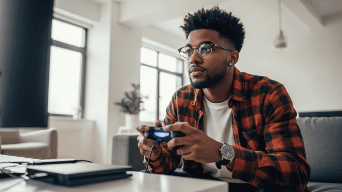 Jeune adulte de la génération Z jouant à un jeu vidéo sur console