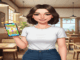 Jeune femme jouant à un jeu casual hybride sur mobile