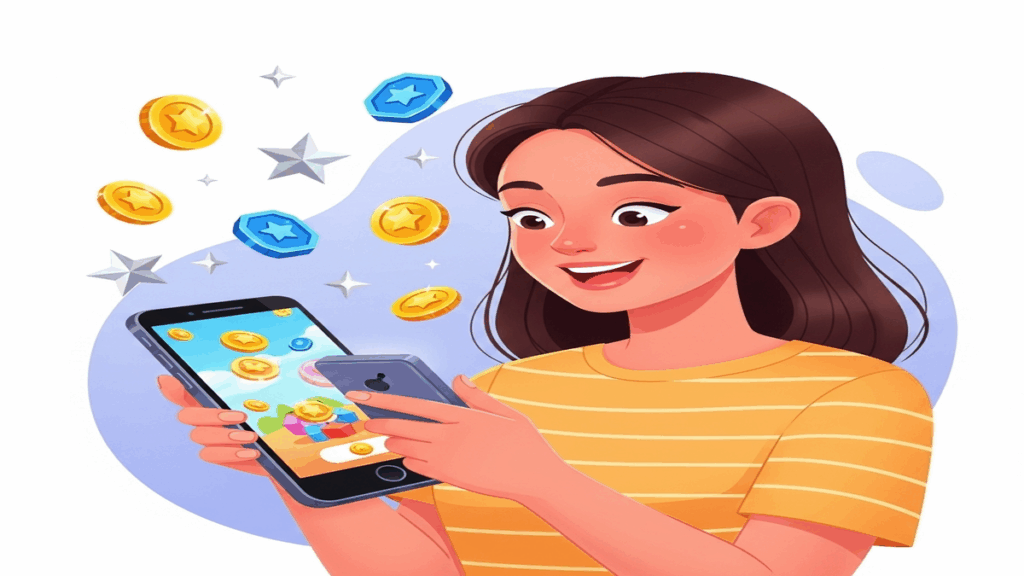 Joueuse mobile avec récompenses virtuelles