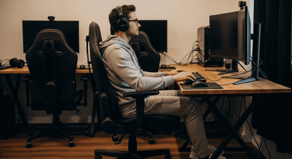 Joueur adoptant une bonne posture assis sur une chaise ergonomique