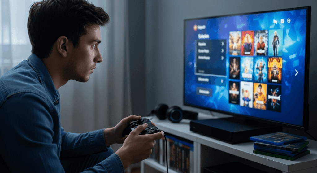 Joueur concentré choisissant un jeu vidéo sur sa console