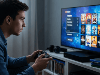 Joueur concentré choisissant un jeu vidéo sur sa console