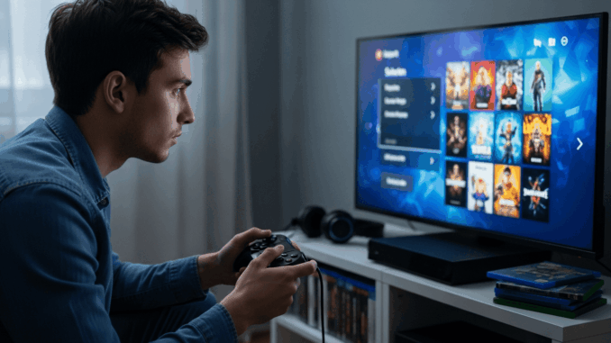 Joueur concentré choisissant un jeu vidéo sur sa console