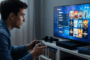 Joueur concentré choisissant un jeu vidéo sur sa console
