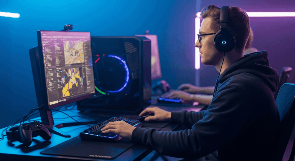 Joueur concentré pendant une session gaming intense
