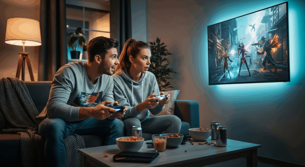Un couple jouant a un jeu vidéo