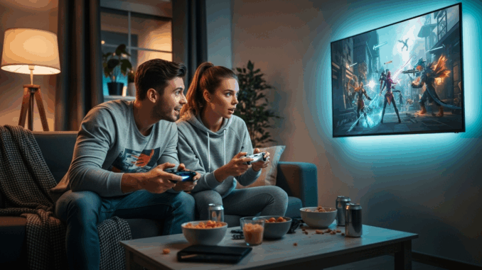 Un couple jouant a un jeu vidéo