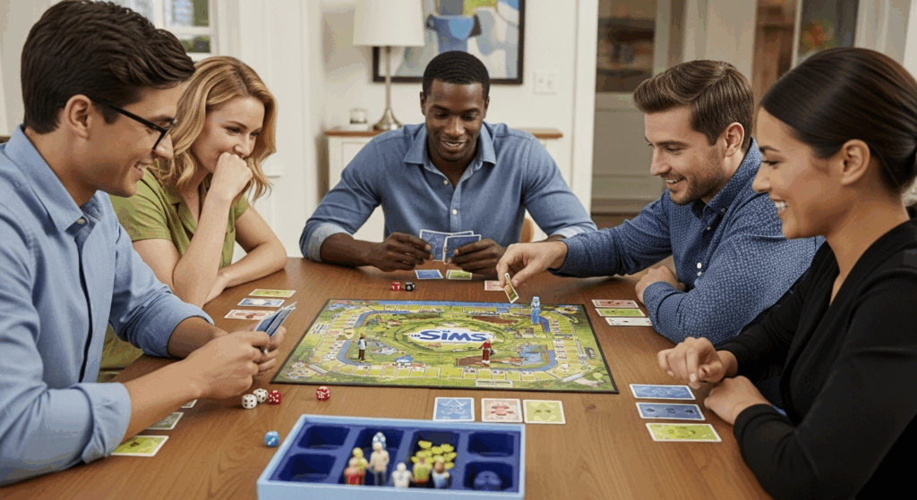 Un groupe d’amis jouant au jeu de société Les Sims