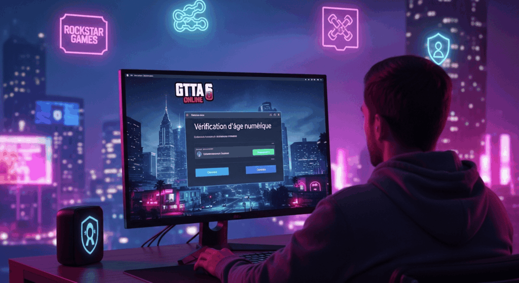Un joueur devant son écran d’ordinateur affichant l’écran de connexion de GTA 6 Online