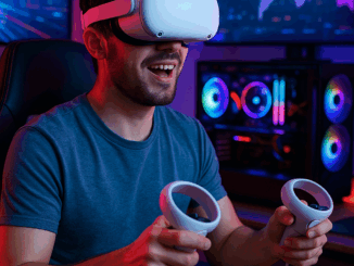 Gamer utilisant casque réalité virtuelle