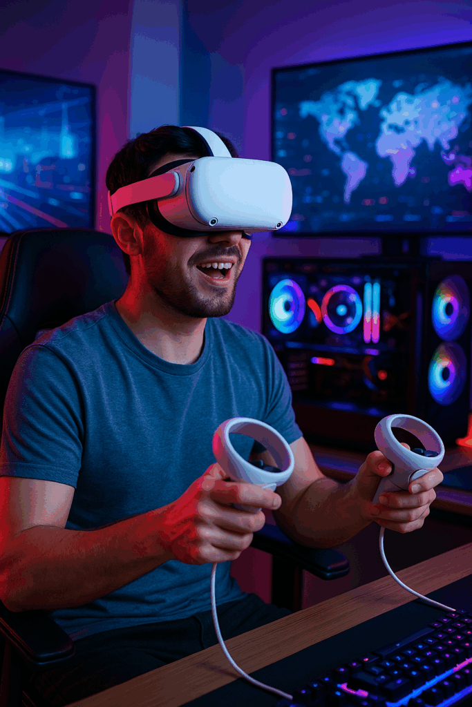 Gamer utilisant casque réalité virtuelle