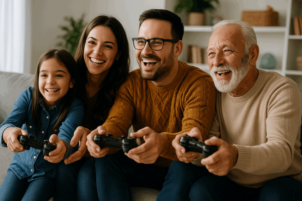 Une famille canadienne multigénérationnelle jouant aux jeux vidéo
