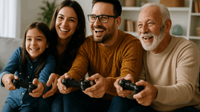 Une famille canadienne multigénérationnelle jouant aux jeux vidéo