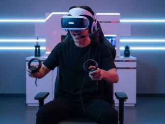 Joueur utilisant casque VR et contrôleurs dans environnement gaming immersif