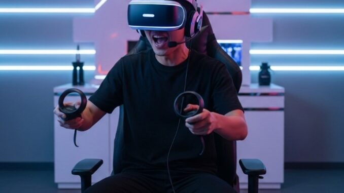 Joueur utilisant casque VR et contrôleurs Joueur utilisant casque VR et contrôleurs dans environnement gaming immersif