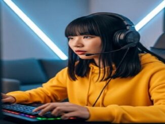 Une jeune femme jouant avec son casque gaming
