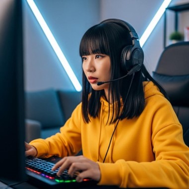 Une jeune femme jouant avec son casque gaming