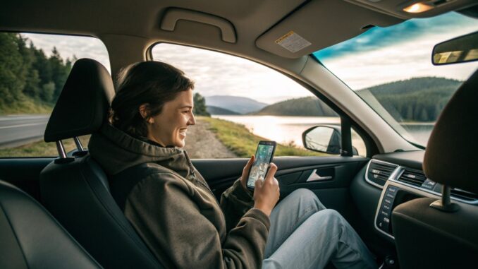 applications-mobiles-fun-trajet-en-voiture (1) Une femme sur une appli durant un trajet