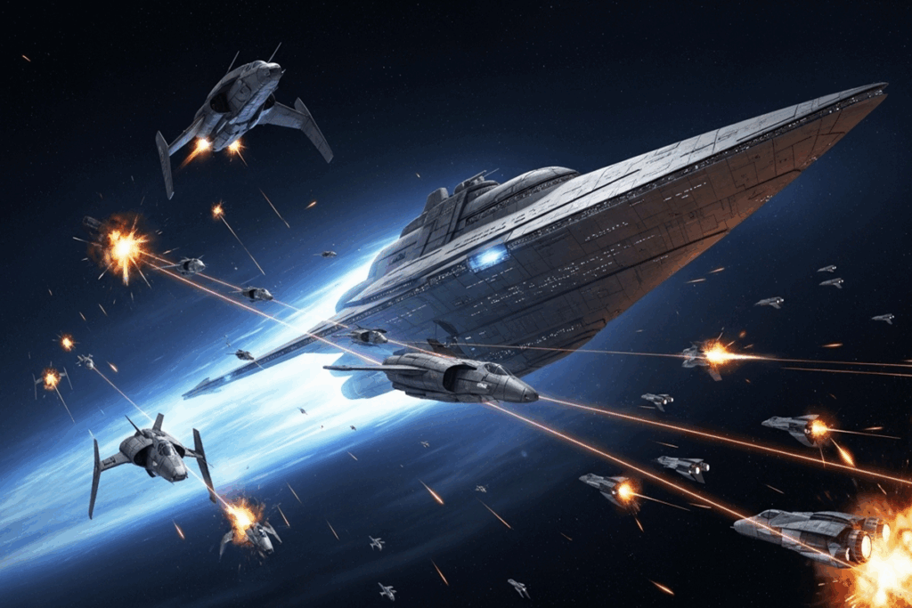 Illustration d’une bataille intergalactique du jeu Battlestar Galactica
