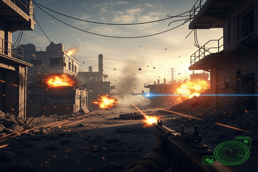 Illustration d’un jeu de guerre en vue à la première personne