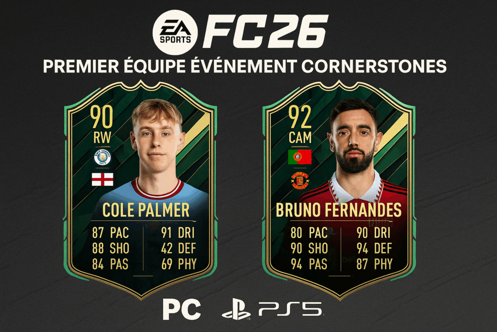 Cole Palmer et Bruno Fernandes sur des cartes Cornestones d'EA Sports FC 26