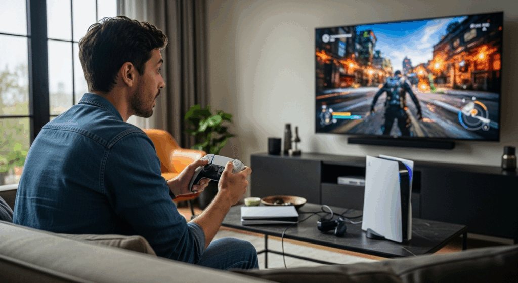 Gamer qui joue a un jeu PS5